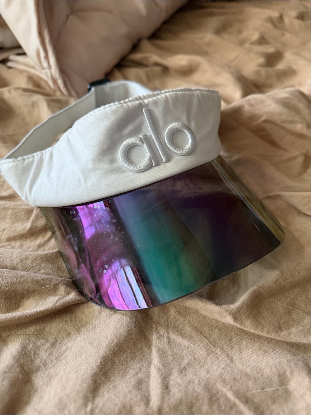 ALO Yoga White Visor with Iridescent Rainbow Shield